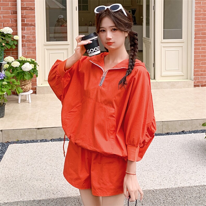 夏季新款套装连帽短袖短裤纯色宽松透气两件套防晒服8810p105k155,女装防晒衣,2D143