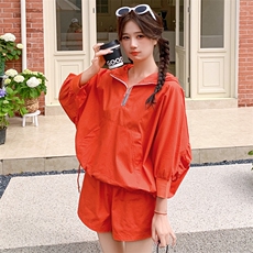 夏季新款套装连帽短袖短裤纯色宽松透气两件套防晒服8810p105k155，女装防晒衣，2D143
