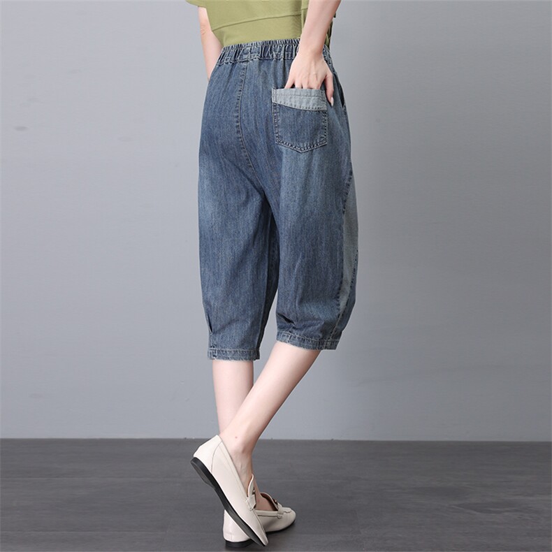 女士拼接中裤五分裤女复古水洗牛仔裤夏季高腰宽松阔腿直筒裤子，女装牛仔裤，文熹诺