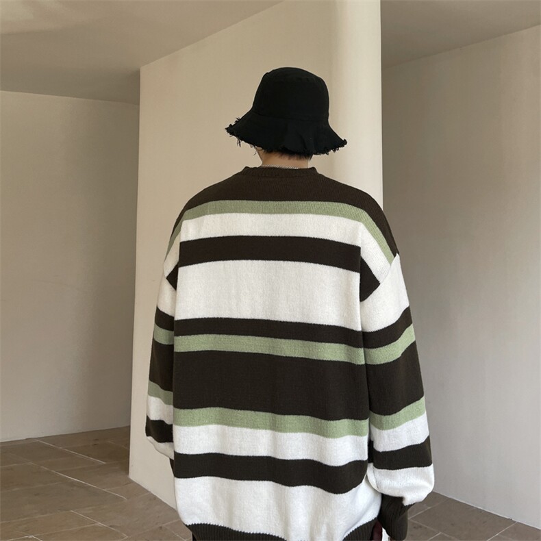 拼色条纹圆领毛衣男冬季美式vintage宽松套头针织衫,男装针织衫/毛衣,星座410-6（原星座1304-1）