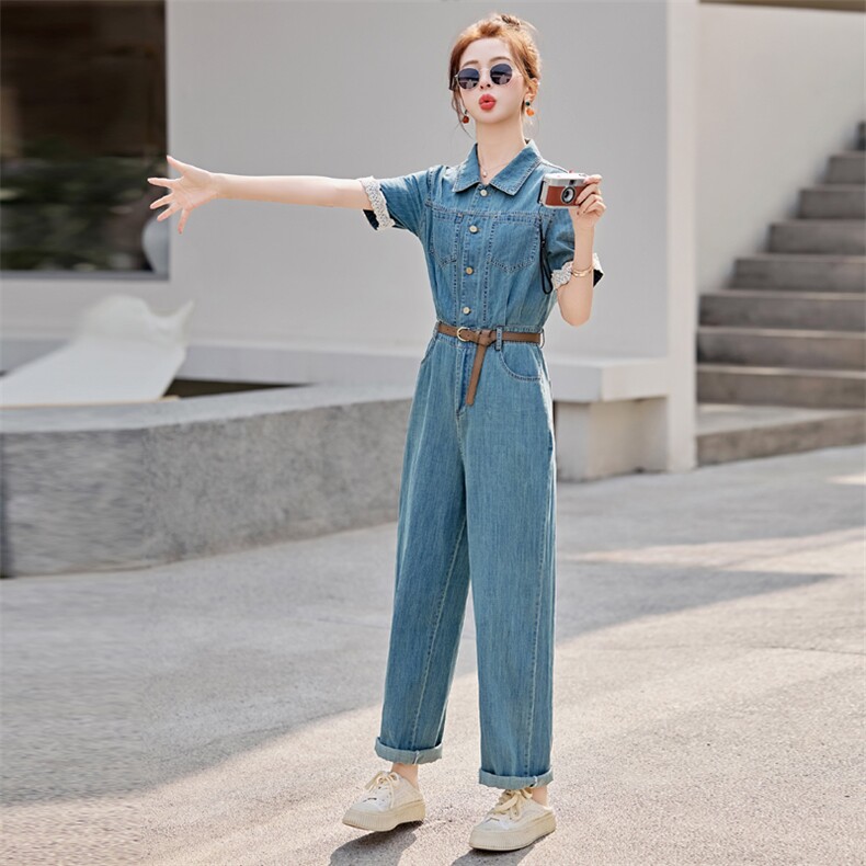 欧货薄款牛仔连体裤女2025夏新款时尚炸街显瘦蕾丝拼接直筒连衣裤,女装连体裤,意芙