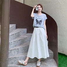 韩里韩气穿搭套装女2025夏季新款设计感休闲印花短袖半身裙两件套，女装套装/套裙，2C166