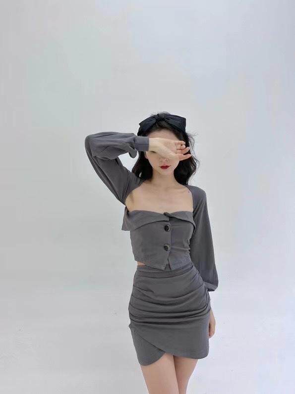 铁灰色修身性感套装，女装职业装，HE