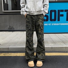 秋季美式复古迷彩休闲裤男大码高街多口袋微喇裤K24034-特P48控88，男装休闲裤，电商A001-1