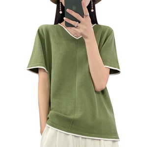 100%纯棉短袖t恤女2024春夏新款v领韩版宽松拼色百搭短款打底上衣图片