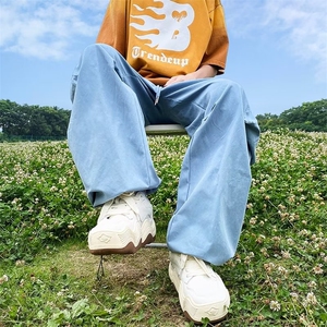 复古天蓝色美式工装裤女夏季小众辣妹风显瘦休闲高腰直筒阔腿裤子图片