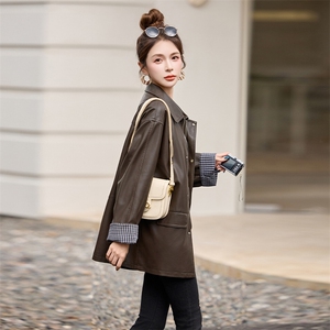 海宁拼接条纹PU皮外套女2025春秋季洋气翻领时尚显瘦显高皮衣上衣图片