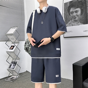 新款休闲华夫格短袖套装图片