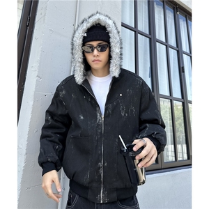 美式座山雕扎染纯色毛毛连帽拉链棉服加厚宽松外套 m1668-p98图片