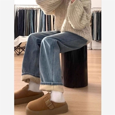 复古蓝加绒加厚宽松直筒牛仔裤女秋冬新款高腰显瘦百搭窄版阔腿裤，男装牛仔裤，星座506A