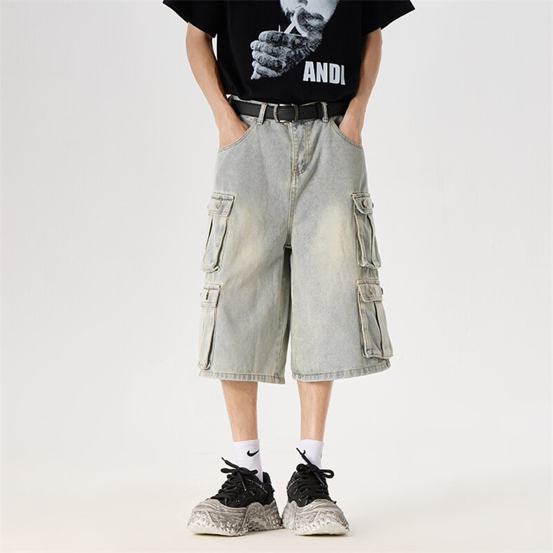 多口袋工装牛仔短裤男女夏季美式高街宽松阔腿七分裤RK2992-P52,男装牛仔裤,星座412-2