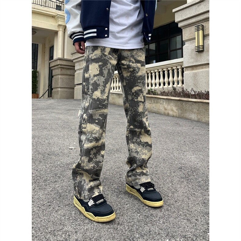 美式vibe迷彩直筒工装牛仔裤男hiphop高街复古微喇修身,男装牛仔裤,星座218-1（原230）