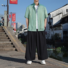 宽松风条纹褶皱轻薄透气亮面夏季休闲盘扣立领短袖衬衫30507，男装衬衫，星座305A（原312A-1）