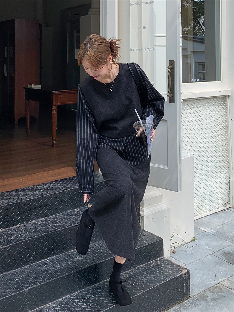 韩系慵懒气质套装裙女收腰显瘦条纹拼接上衣2025新款半身裙两件套,女装套装/套裙,浙宝301