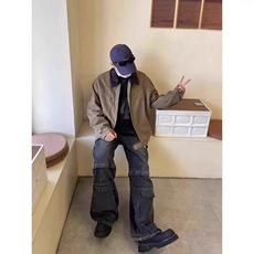 美式复古哈林顿工装外套男春季松石绿水洗翻领宽松休闲撞色夹克，男装夹克，星座218-8