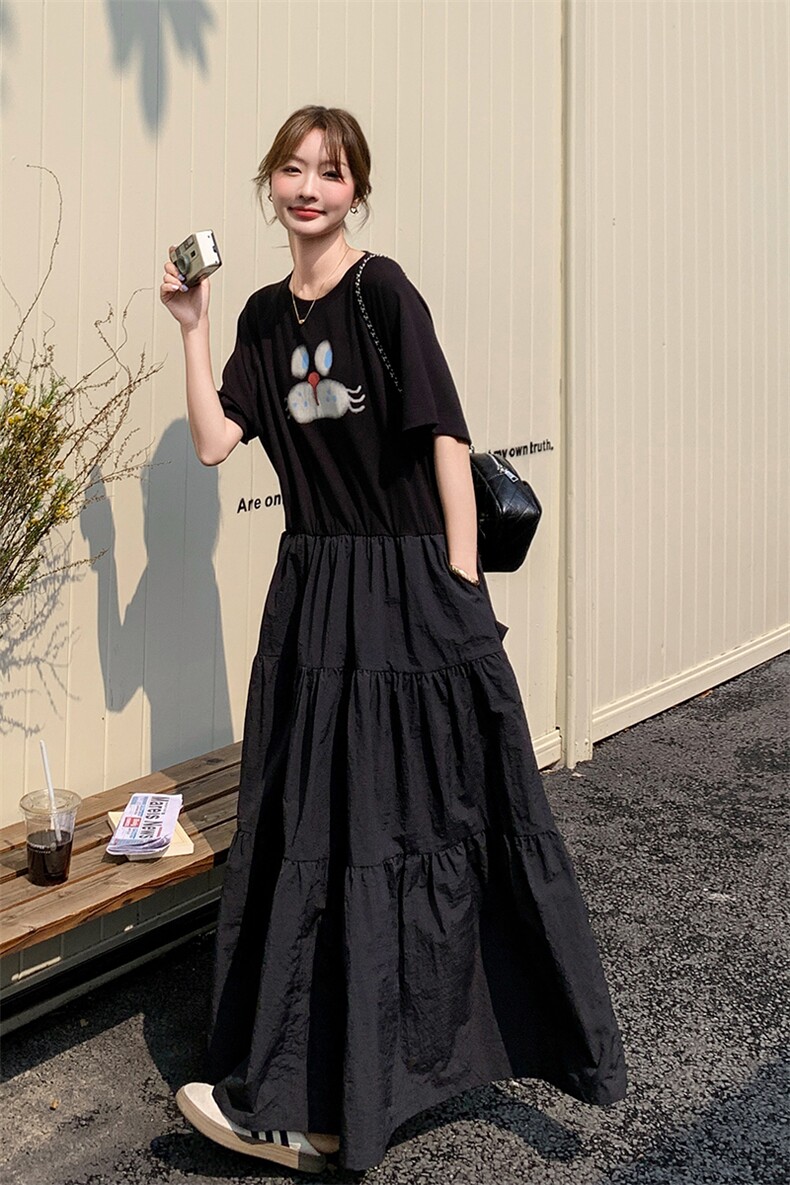 黑色印花t恤拼接连衣裙女2025夏高级感气质减龄超长款到脚踝长裙,女装连衣裙,2C206