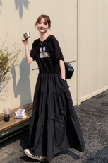 黑色印花t恤拼接连衣裙女2025夏高级感气质减龄超长款到脚踝长裙，女装连衣裙，2C206
