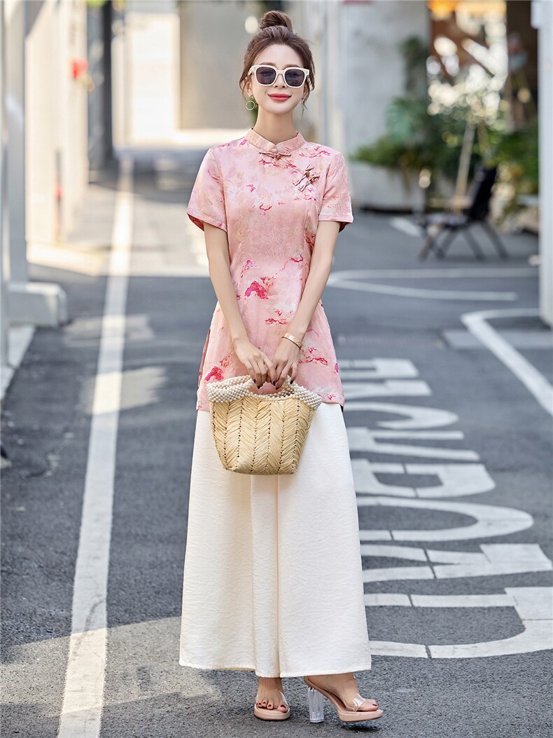 新中式盘扣旗袍印花上衣阔腿裤两件套女夏季新款时尚显瘦国风套装,女装套装/套裙,艾仟回(原伊仟回)