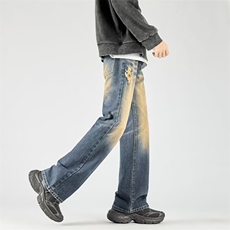 复古秋季牛仔裤男宽松黄泥染直筒裤水洗做旧冰丝长裤RM010-1/P55，男装牛仔裤，星座506