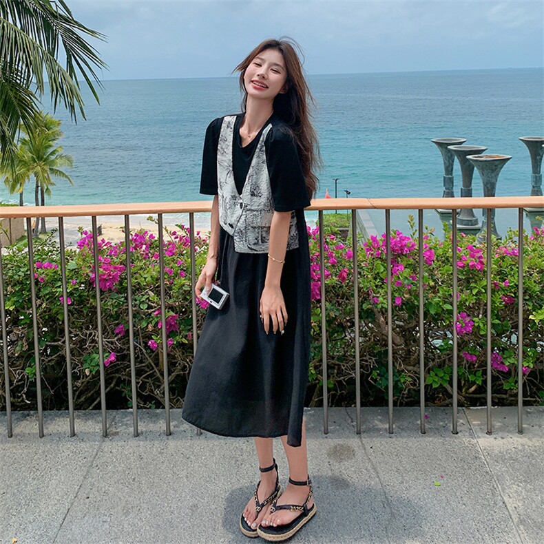 黑色拼接马甲假两件连衣裙女夏2025新款时尚宽松减龄超好看茶歇裙,女装连衣裙,2C129