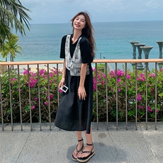 黑色拼接马甲假两件连衣裙女夏2025新款时尚宽松减龄超好看茶歇裙，女装连衣裙，2C129