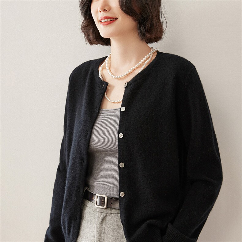 经典简约百搭圆领山羊绒开衫女纯色羊毛针织外套短款宽松外搭毛衣,女装羊绒衫,德尔信羊绒