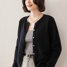 经典简约百搭圆领山羊绒开衫女纯色羊毛针织外套短款宽松外搭毛衣，女装羊绒衫，德尔信羊绒