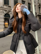 款纯色小蛮腰连帽显瘦羽绒服女（腰围可调节），女装羽绒服，浙宝189