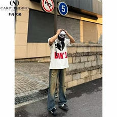 美式复古脏脏破洞牛仔裤女2025春夏新款街头废土风水洗直筒长裤子，男装牛仔裤，星座506A
