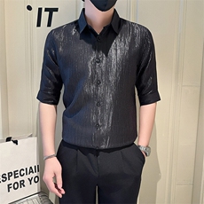 店主风社会小伙男士纯色七分袖衬衫男简约款上衣301A-1/CS560/P55，男装衬衫，星座301A-1