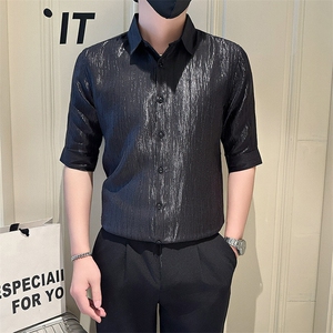 店主风社会小伙男士纯色七分袖衬衫男简约款上衣301A-1/CS560/P55图片