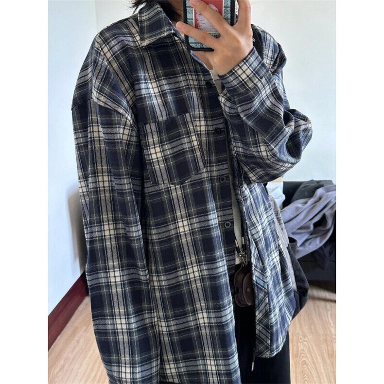 V3211HH-P38美式复古cleanfit藏青色格子衬衫男美式衬衣外套春季,男装衬衫,星座1007（原301D）