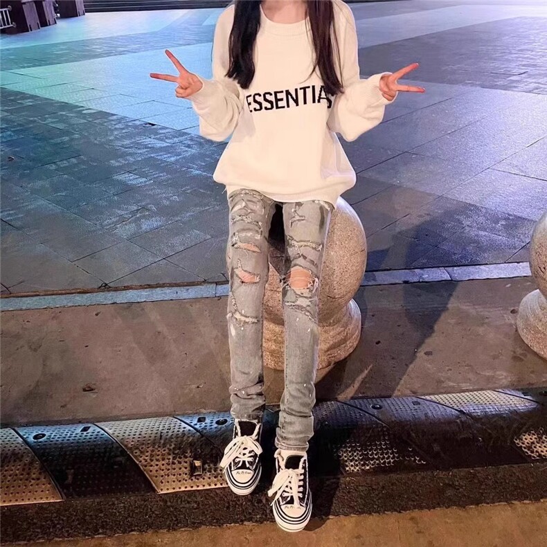 2026秋冬季潮牌美式破洞设计牛仔裤青少年水洗直筒蓝色男长裤,男装牛仔裤,星座506A