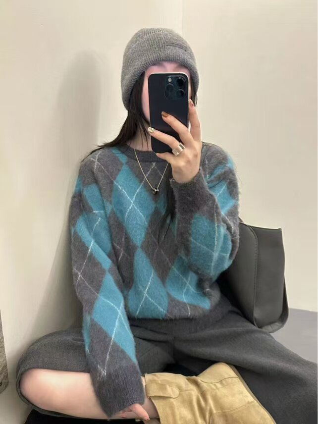 2025年秋季常规款菱形蓝色套头长袖时尚百搭休闲，女装针织衫/毛衣，北娇羊绒