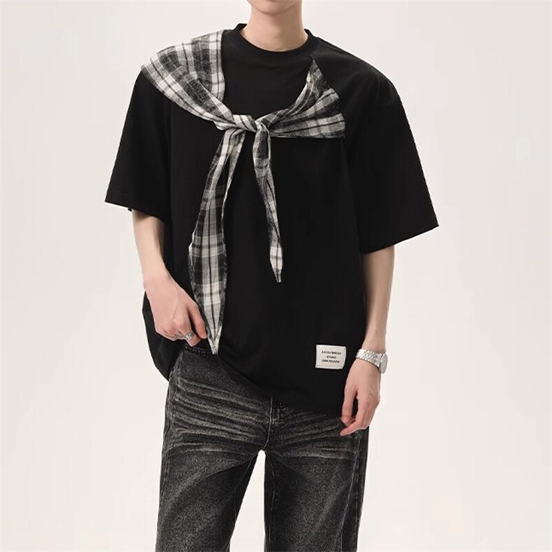 拼接格子布装饰高品质260克双纱纯棉美式高街短袖T恤特P35，男装T恤，电商A486