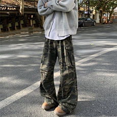 美式复古工装迷彩裤男女运动大口袋休闲情侣宽松直筒长裤K057-P50，男装休闲裤，星座308B-2