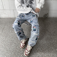 美式ins嘻哈色彩涂鸦小众破洞牛仔裤N03308-P78，男装牛仔裤，星座308B-1