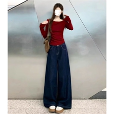 深蓝色阔腿牛仔裤女秋冬2025年新款加绒加厚显瘦垂感宽松直筒裤，男装牛仔裤，星座1210-1