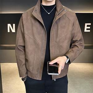25618-M-4XL-P145店主风秋季立领男士休闲刺绣复古风皮衣夹克外套图片