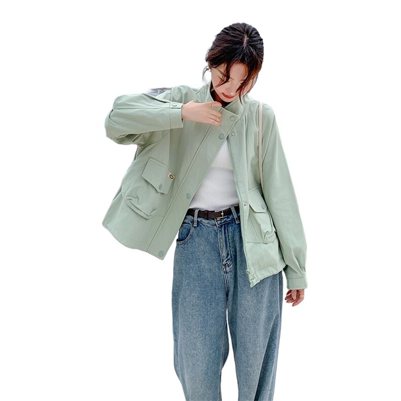 绿色工装外套女短款2024春秋新款宽松洋气减龄休闲百搭小个子夹克,女装短外套,辉之琳