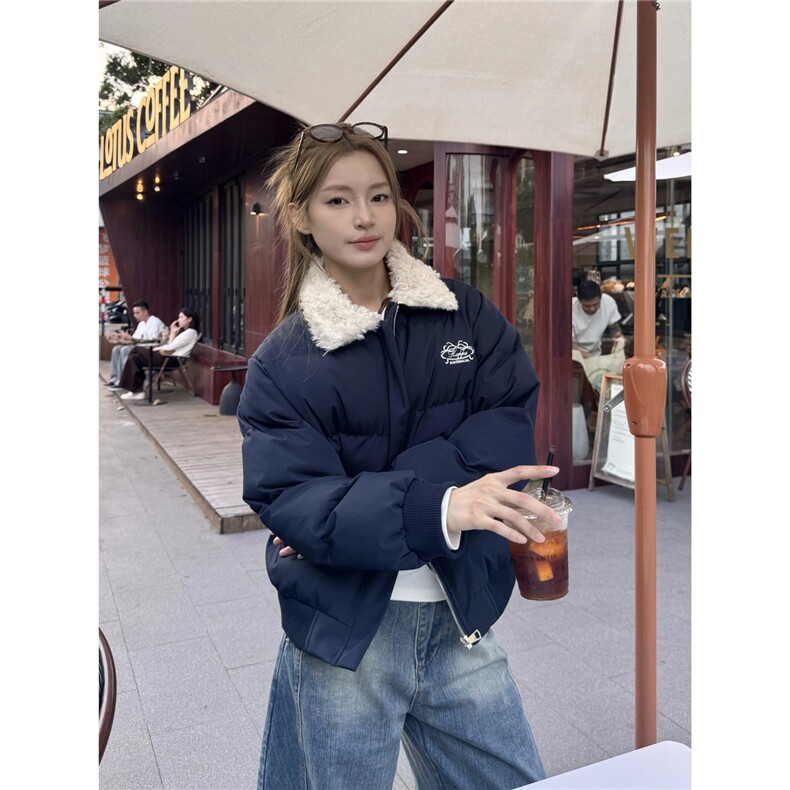 W603-P88 美式复古宽松保暖加厚羊羔毛领棉服休闲拉链外套上衣图片