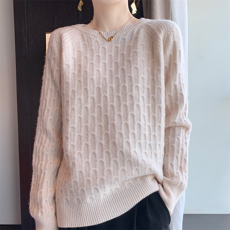 新款圆领坑条纹套头毛衣女秋冬新款宽松显瘦纯色羊毛衫图片