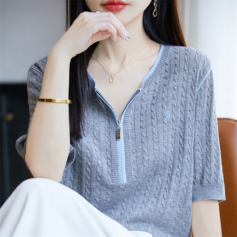 2025夏季新款精纺羊毛绞花半拉链短袖女,女装T恤,尚雪电商供货
