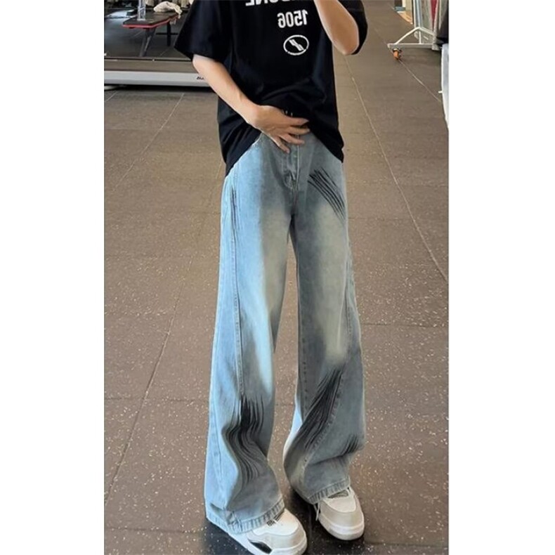 水洗做旧廓形弯刀拼接解构牛仔裤男宽松直筒阔腿拖地裤子N169,男装牛仔裤,星座1116A（原606A-3）