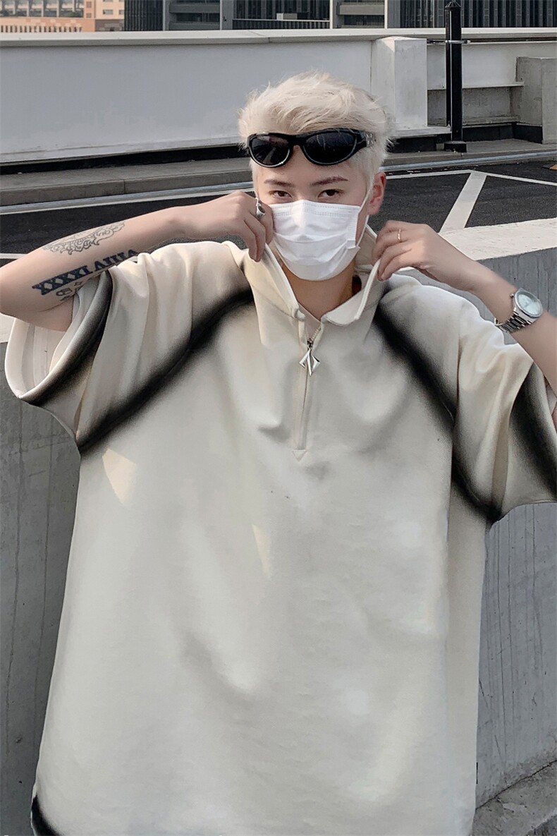 拼色做旧短袖T恤男夏季宽松休闲半开领体恤衫XZ514-2-202441-P58,男装T恤,星座514-2(原B239)