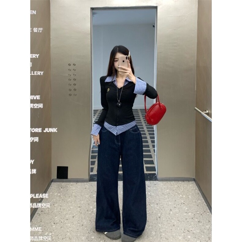 2025春季新款韩版假两件格纹拼接衬衫女学生修身显瘦气质长袖上衣,女装衬衫,星座506A