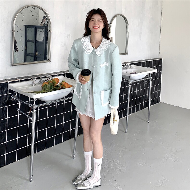 蓝色小香风外套女2025春新款高级感气质名媛蕾丝拼接上衣花边外套,女装短外套,2C239