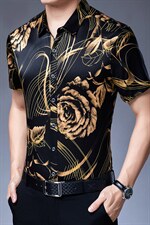 短袖印花衬衫装2023夏季新款中年男士宽松休闲时尚免烫衬衣，男装衬衫，电商B212（原钱塘6029）