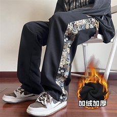 特批P40无差价薄款改加绒设计感拼接刺绣直筒拖地裤男K1188J加绒，男装休闲裤，电商A001-1