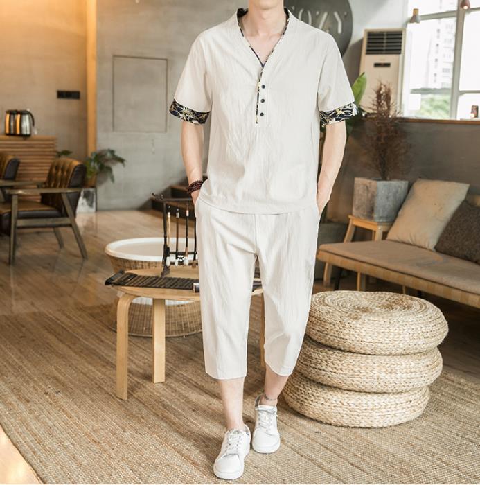 2021中国风夏季棉麻短袖套装男大码七分裤两件套QT6005-TZ06-P65,男装休闲套装,星座1112-5（原712-5）